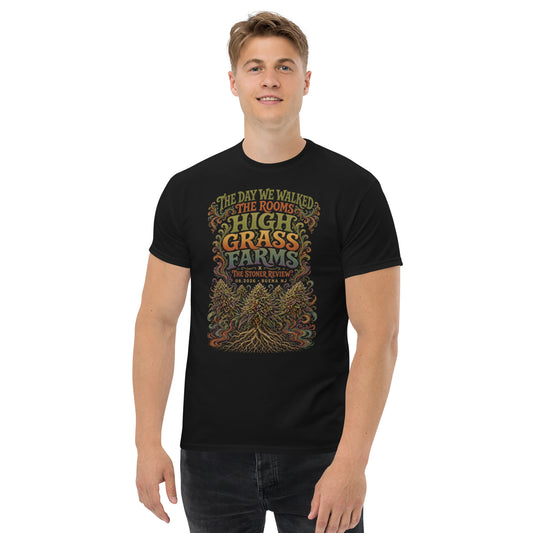High Grass Farms x The Stoner Review — black classic tee, front view