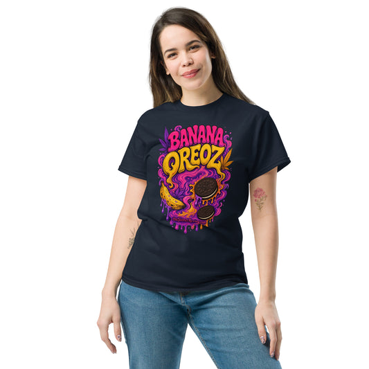 Banana OreoZ Psychedelic 60s Cannabis T-Shirt — navy classic tee, front view