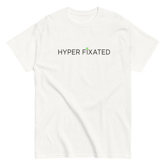 The Stoner Review Hyper Fixated White Tee – Cannabis Leaf Logo Graphic T-Shirt — white tee, back view