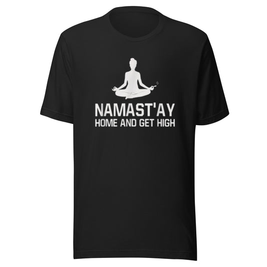 The Stoner Review Namast'ay Home And Get High T-Shirt | Funny Yoga Cannabis Shirt — black tee, back view