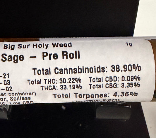 High Grass Farms Big Sur Holy Weed Sage pre-roll — 30.22% THC, 4.36% terpenes, New Jersey cannabis strain review