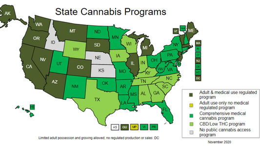 As of April 2026, cannabis legalization at the state level shows strong momentum but remains a patchwork.