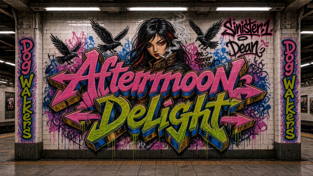 Afternoon Delight graffiti artwork with Dogwalkers lettering and a smoking character