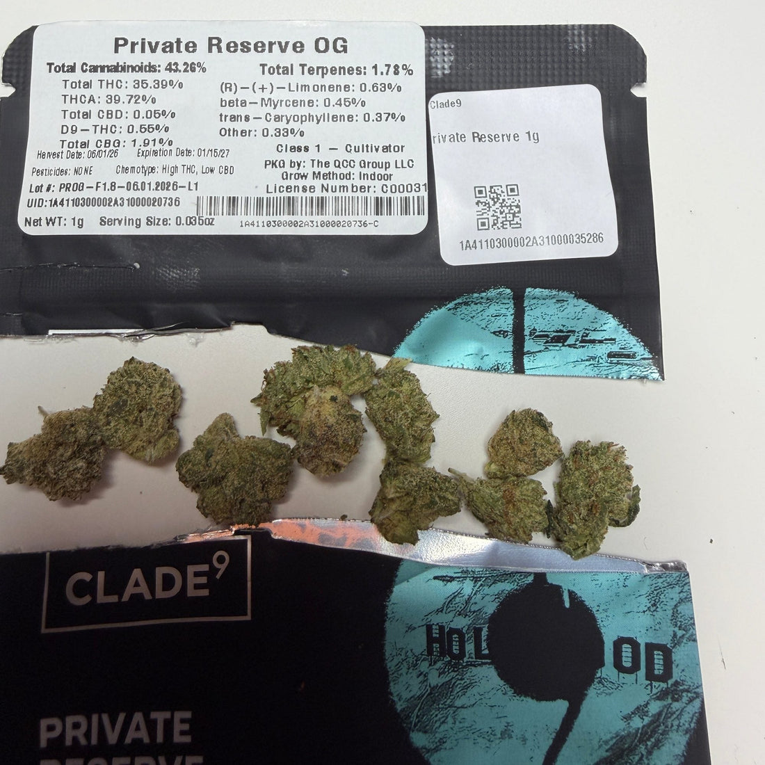Clade9 Private Reserve OG 1g pouch and cannabis flower, New Jersey strain review