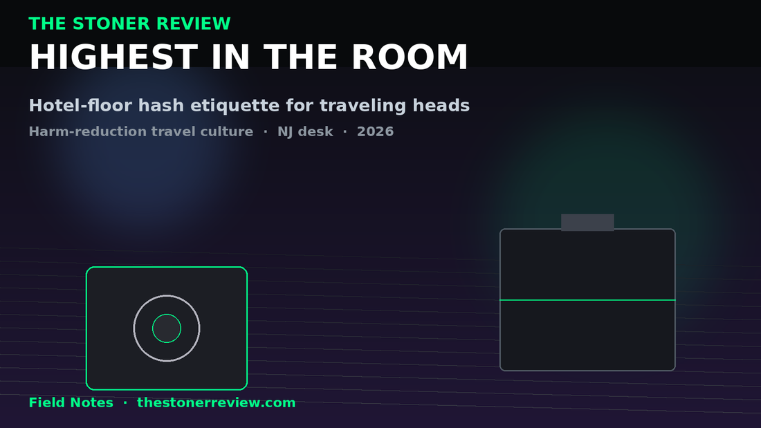 Highest in the Room hotel-floor hash travel etiquette — dark hotel suite vibe with neon green accents, The Stoner Review Field Notes