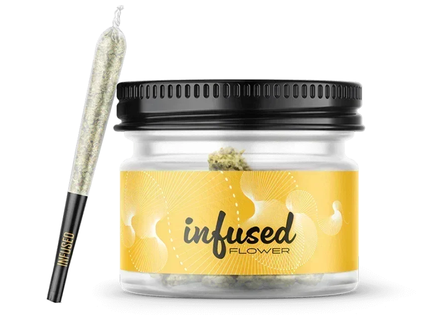 Jar labeled infused flower beside a pre-roll, illustrating inhaled infused cannabis rather than edibles