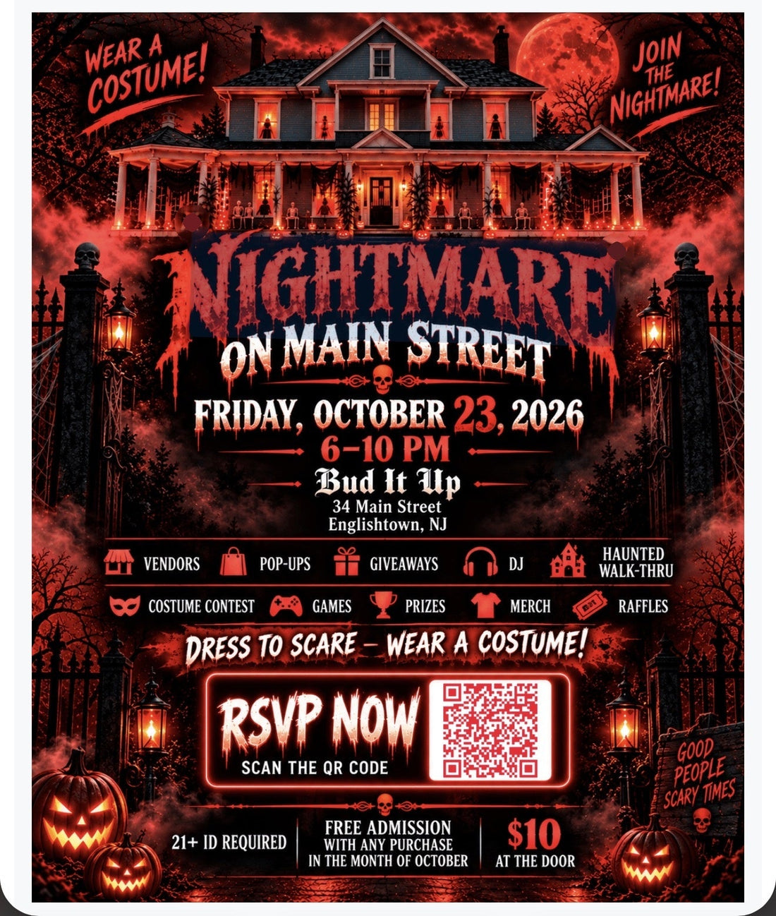 Nightmare on Main Street Bud It Up Englishtown NJ Friday Oct 23 2026 Halloween flyer — vendors costume contest haunted walk-thru