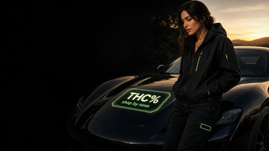 Woman beside luxury car with THC% badge — shop by nose, dress by mood