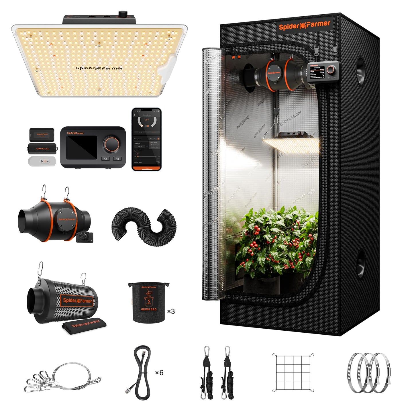 Spider Farmer Grow Tent Kit 2x2x5ft Complete System, SF1000D Bridgelux Diodes Full Spectrum LED Grow Light 24"X24"X55" Indoor 1680D Tent with 4" Ventilation System & GGS Controller