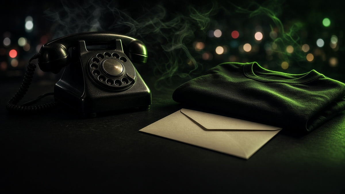 The Stoner Review contact — rotary phone, envelope, and black tee under neon green light
