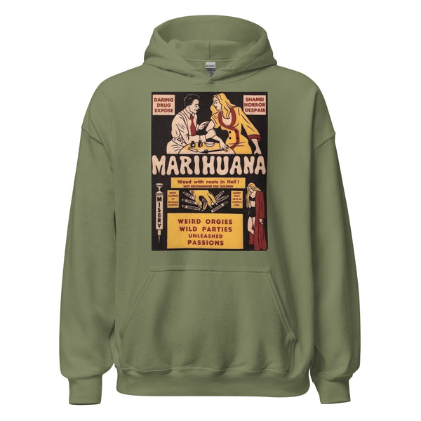 The Stoner Review Marihuana Propaganda Poster Unisex Hoodie — black tee, front view